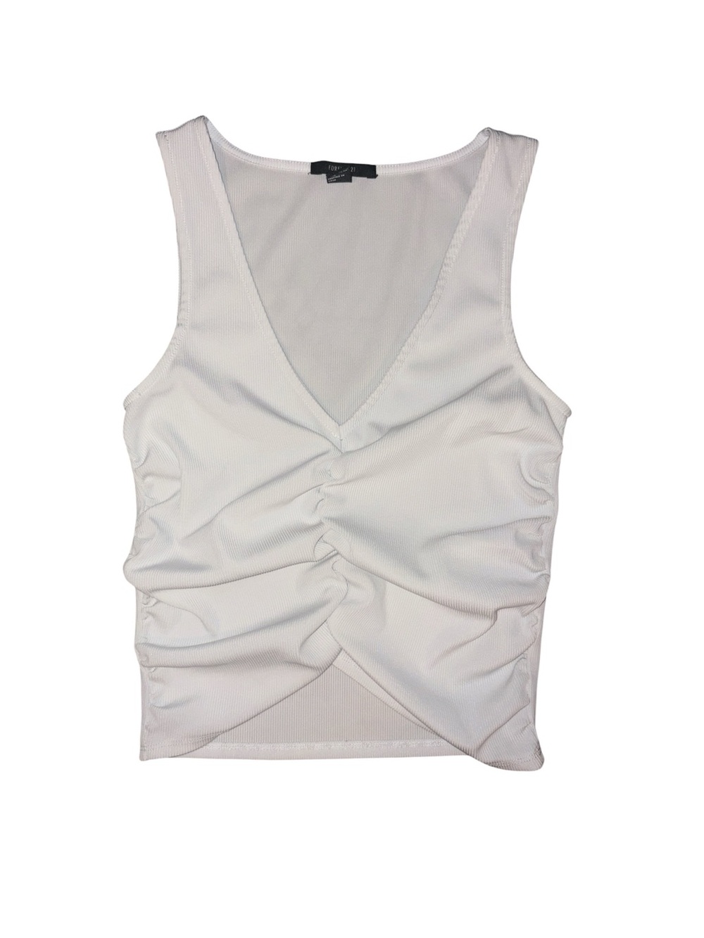 Forever 21 White V-Neck Ruched Tank Top